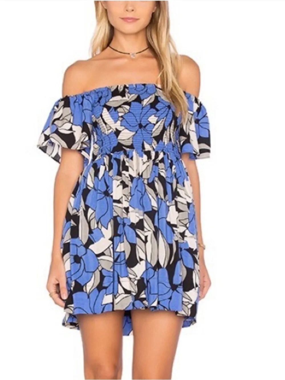 Free People Louise Smocked Floral Off Shoulder Mini Dress Blue Tropical Vacation